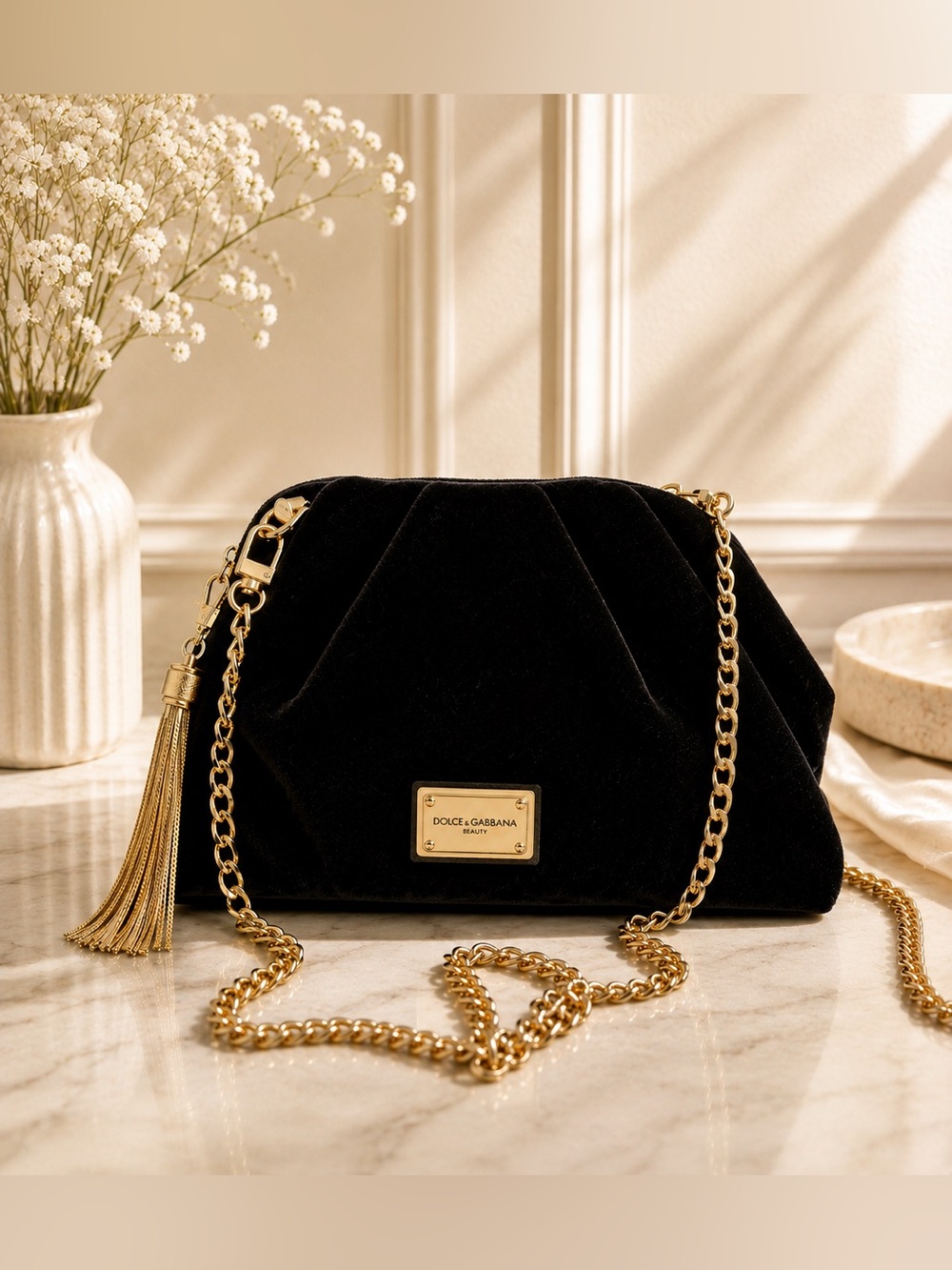 NEW ๐ค Dolce & Gabbana Black Velvet Cosmetic pouch with Gold Chain. GWP!! - Picture 1 of 7